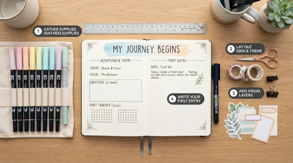 A top-down view of a open blank journal surrounded by colorful markers, scrapbooking tape, magazine cutouts, and a coffee mug, illustrating the step-by-step process of starting a creative journal.