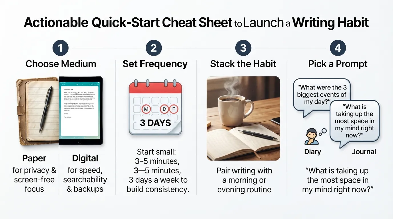 A step-by-step beginner guide flowchart showing how to choose between paper or digital mediums, set a realistic frequency, and pick a starting prompt to begin a diary or journal practice.