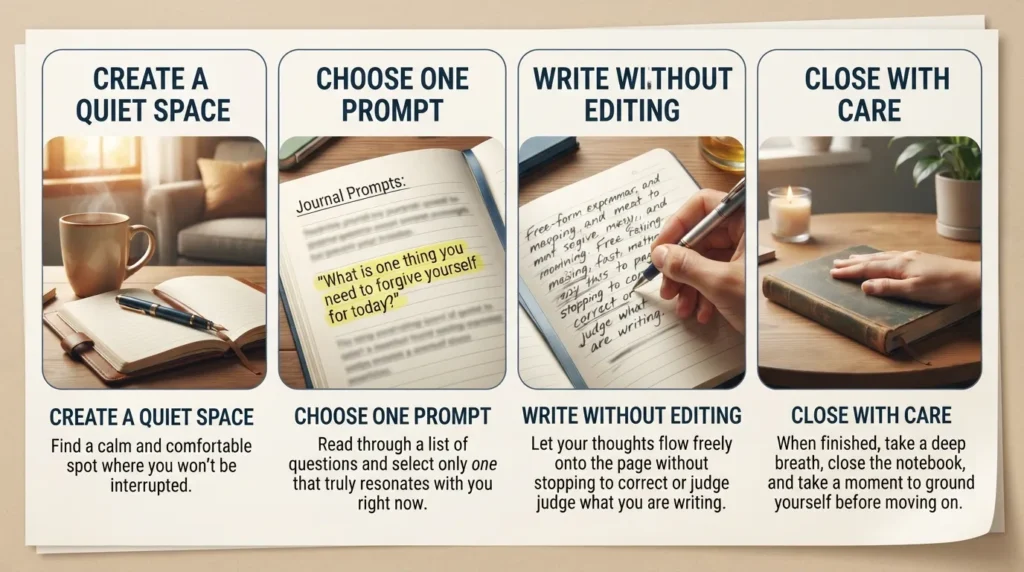 A step-by-step guide showing how to set up a comfortable space, choose a healing prompt, write freely, and gently close a journal session.