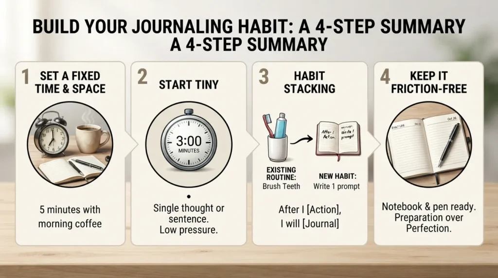 Infographic showing a 4-step daily habit guide for using positive journal prompts consistently.