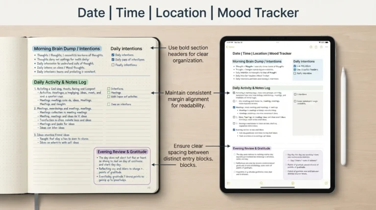 An open journal with a structured layout showing date header, categorized bullet points, daily reflections, and a side-by-side digital journal example on a tablet.