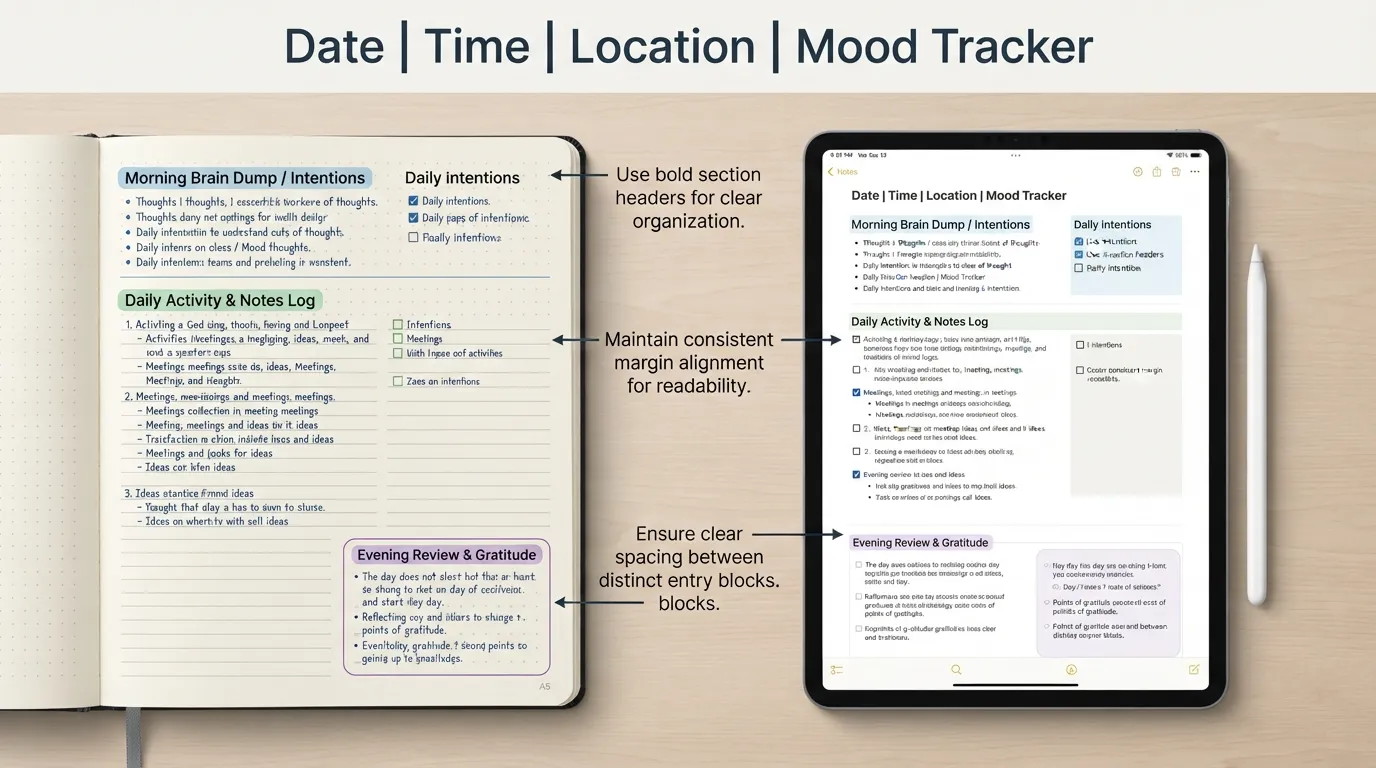 An open journal with a structured layout showing date header, categorized bullet points, daily reflections, and a side-by-side digital journal example on a tablet.