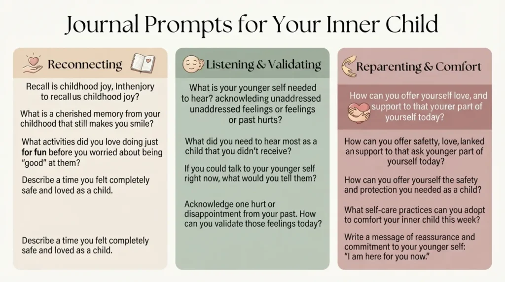 A peaceful graphic outlining gentle journaling prompts and reflective themes designed to help connect with and nurture your inner child.