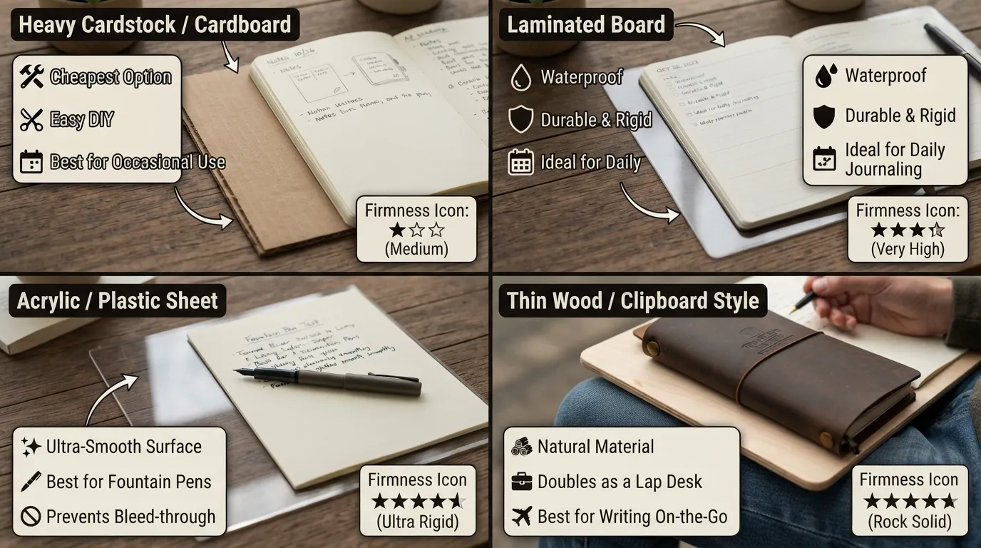 A side-by-side material comparison chart showing cardboard, laminated board, acrylic, and thin wood writing backers placed inside open journals.