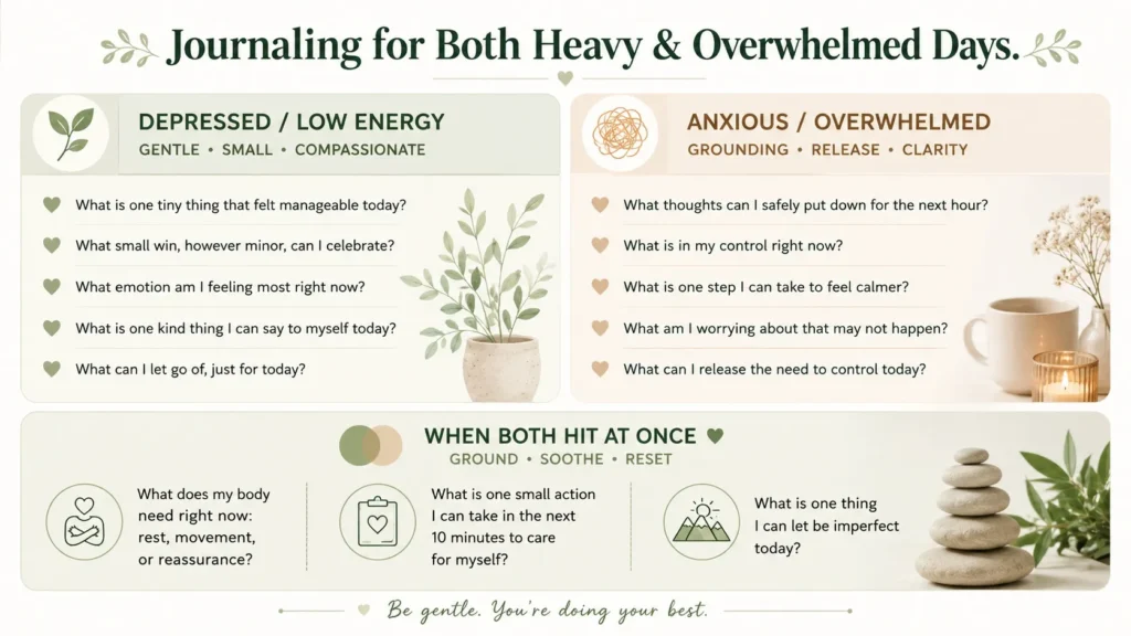 An infographic displaying gentle journal prompts split into two columns for managing depression and anxiety together.