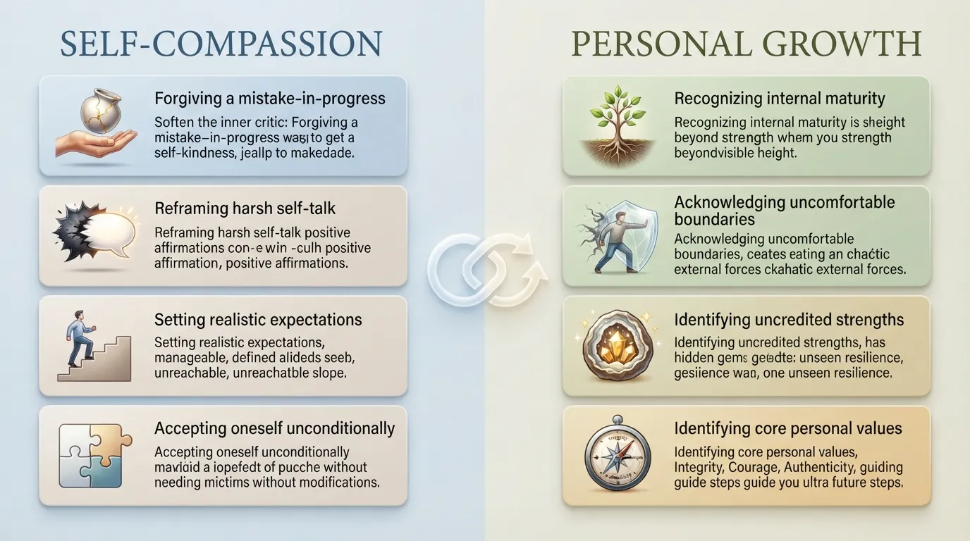 Infographic illustrating eight self-compassion and personal growth journal prompts designed to soften self-criticism, celebrate progress, and reframe missteps.