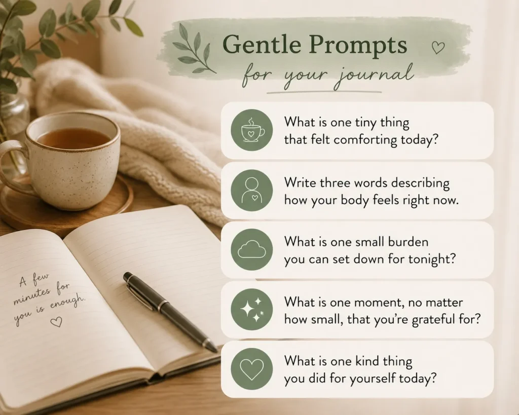 A minimal, easy-to-read graphic listing simple journal prompts designed for low-energy and heavy days.