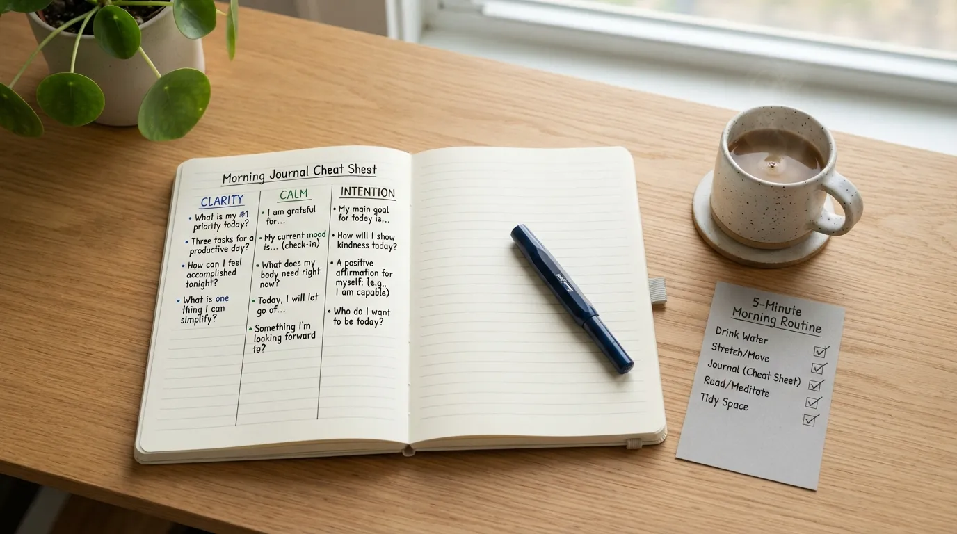 An open morning journal displaying a list of daily prompts alongside a pen, daily planner, and cup of coffee on a cozy wooden table.