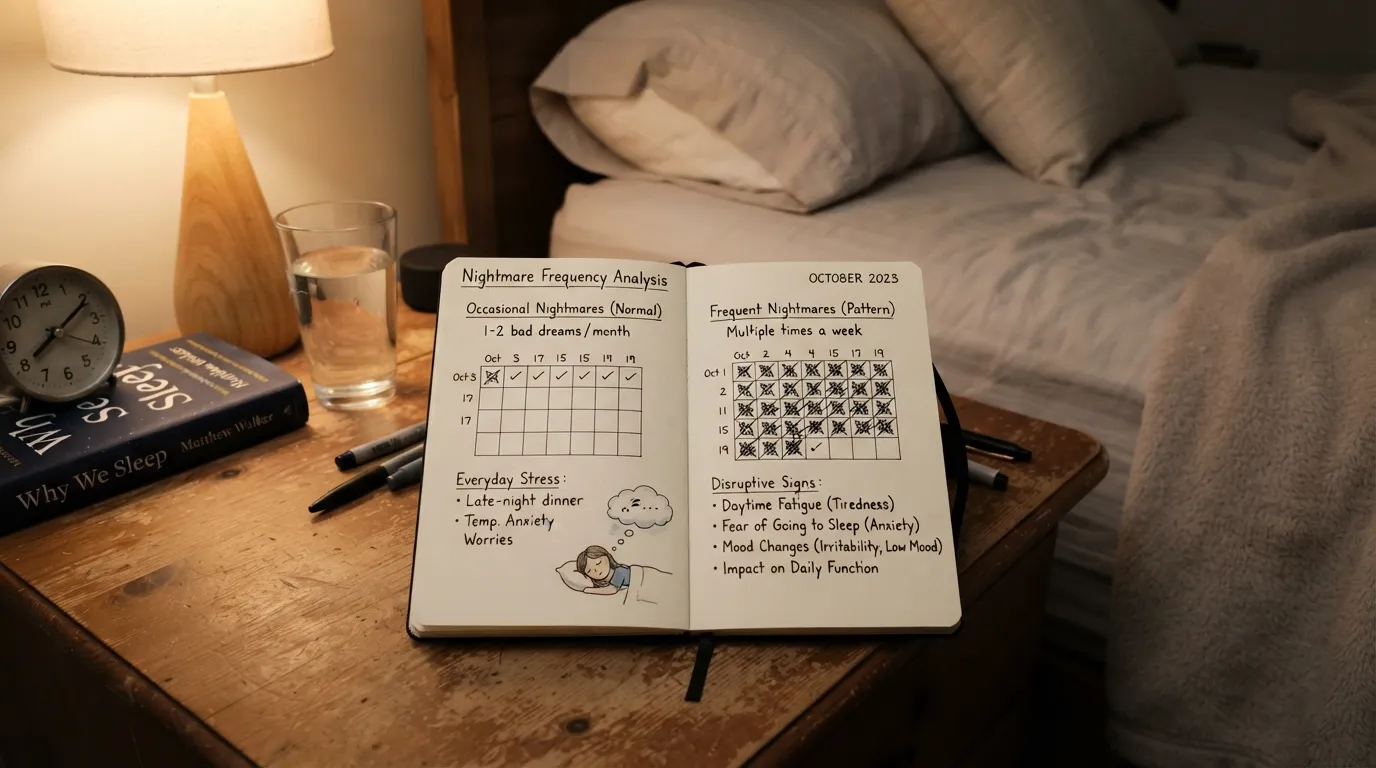 A real photo of a person reviewing a bedroom sleep calendar chart comparing occasionally normal nightmare frequency with signs of frequent nightmare disorder.