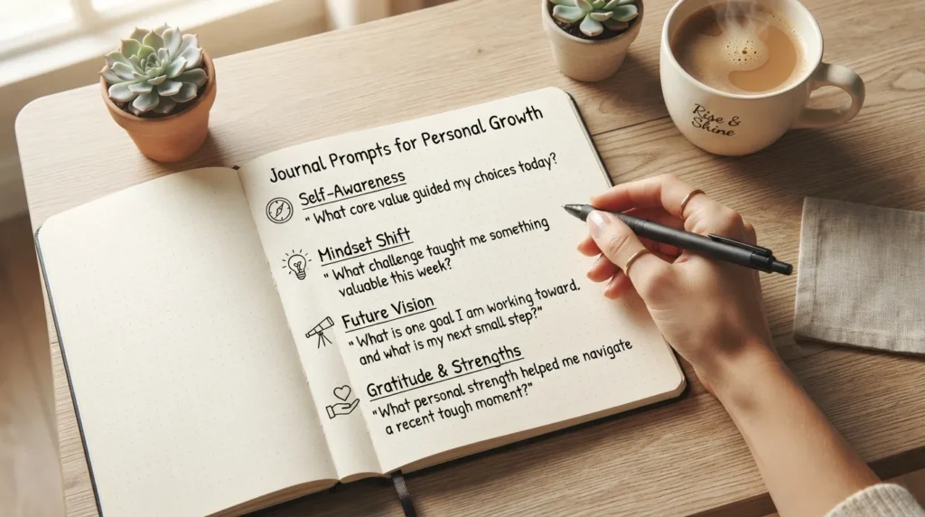 A open paper journal on a clean desk surrounded by a pen and a cup of coffee, displaying a structured checklist of personal growth journal prompts for self-reflection.