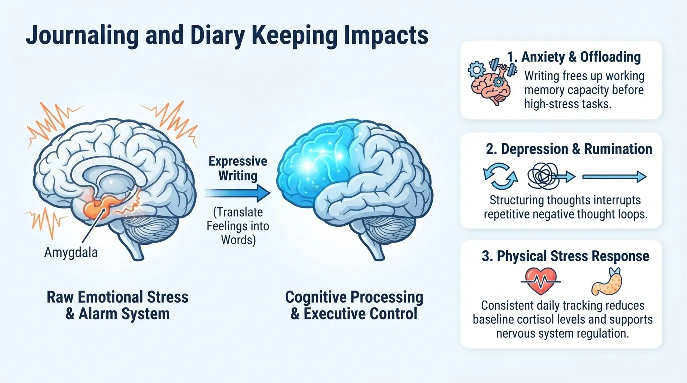 Infographic showing psychological benefits of journaling and diary writing, illustrating brain rewiring, stress reduction, and expressive writing mechanisms.