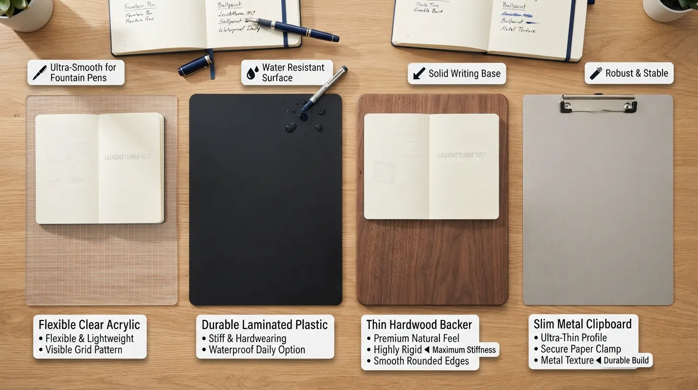 A side-by-side display of commercial journal writing boards made of plastic, acrylic, wood, and clipboard materials resting next to notebooks.