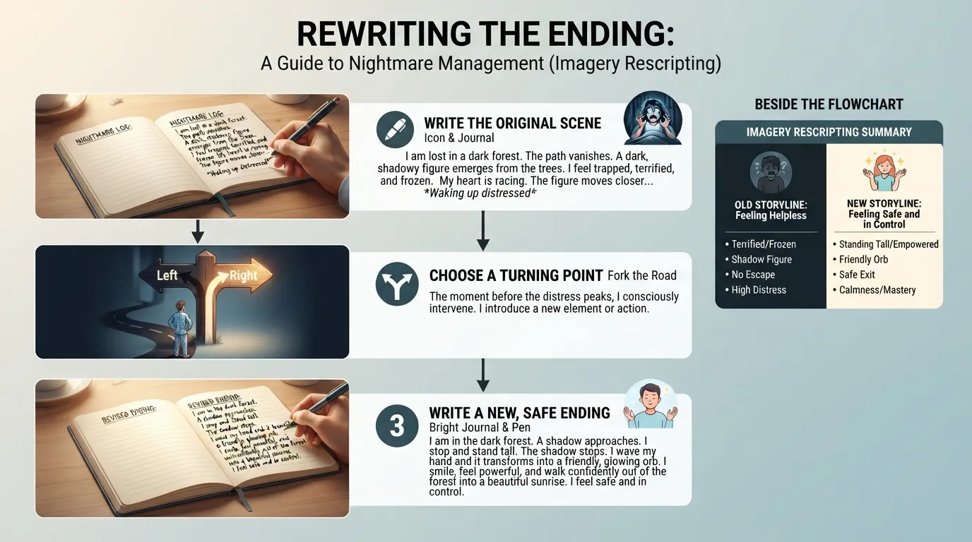 A step-by-step diagram showing how to rewrite a nightmare's ending in a dream journal, converting a distressing scenario into a safe, calm resolution using Imagery Rehearsal Therapy principles.