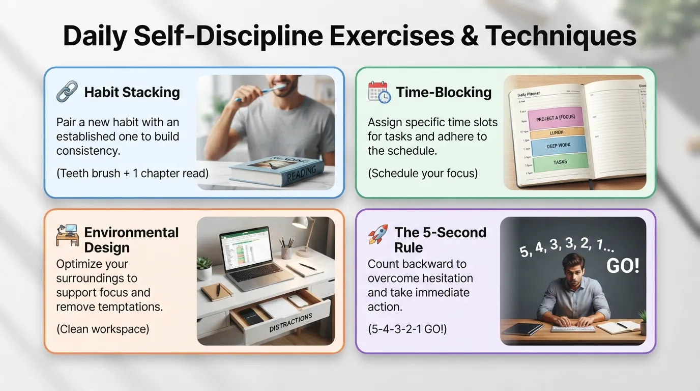 Infographic detailing practical daily self-discipline exercises including habit stacking, time-blocking schedules, and environmental design techniques.
