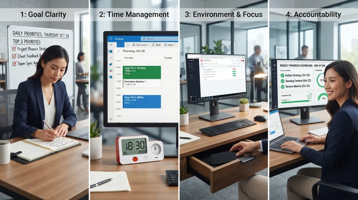 Infographic showing key strategies for building self-discipline at work, including clear goal setting, strict time blocking, minimizing digital distractions, and daily progress tracking.