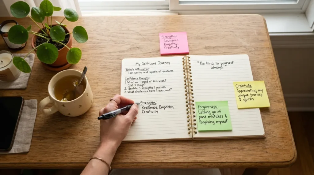 Flat-lay photo of an open journal surrounded by colorful sticky notes listing self-love and self-esteem prompts, next to a pen and a warm cup of tea.