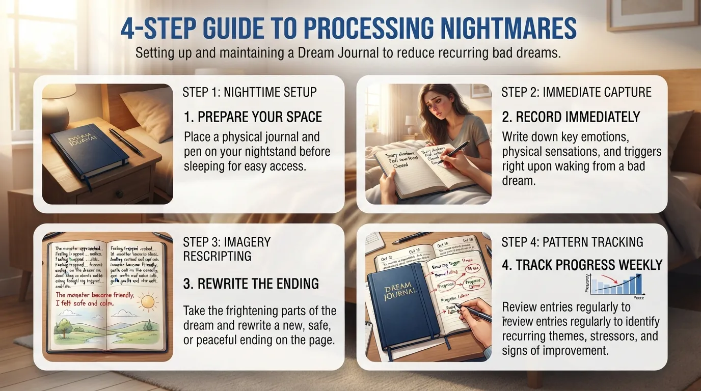 An infographic detailing four clear steps to start a dream journal for nightmares, including keeping notebook by the bed, recording sensory details upon waking, rewriting the outcome, and reviewing progress over time.