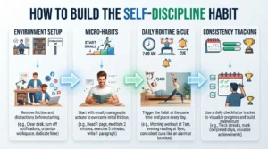 A Guide to Developing the Self-Discipline Habit Diagram illustrating the core steps to develop self-discipline, showing environmental setup, small daily habit loops, and routine tracking.