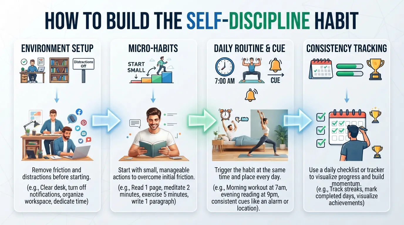 Diagram illustrating the core steps to develop self-discipline, showing environmental setup, small daily habit loops, and routine tracking.