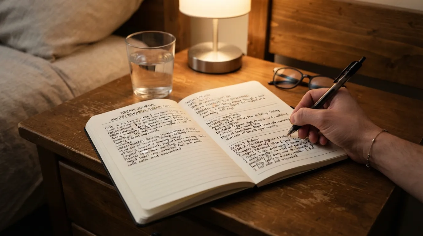 A real person writing in an open dream journal on a bedside table, showing a three-column layout used to track nightmare details, identify emotional triggers, and rewrite a safe ending.