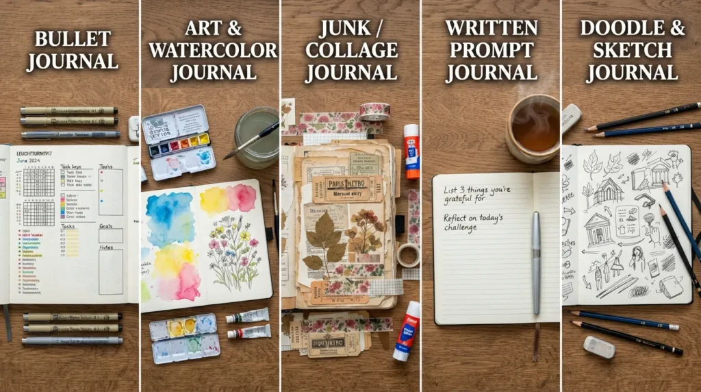 Infographic showing different types of creative journals including bullet journals, art journals, junk journals, prompt journals, and doodle journals laid out with supplies.
