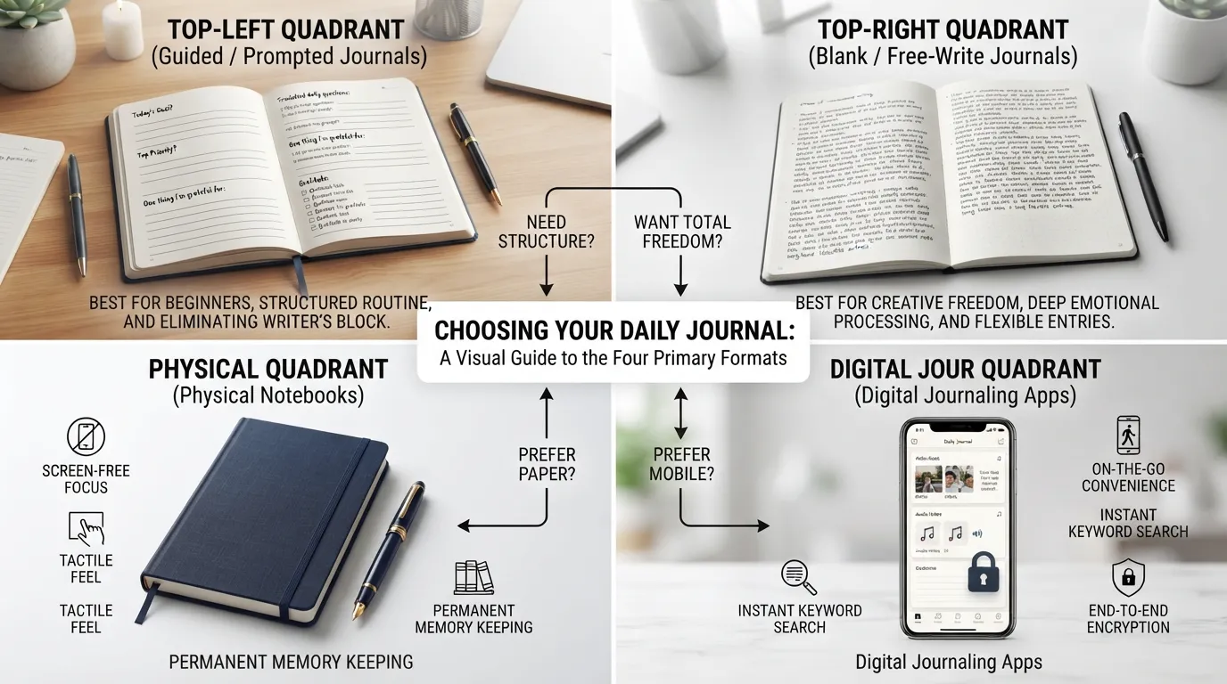 A comprehensive comparison chart showing different types of day-by-day journals including guided, blank free-write, physical notebooks, and digital apps.