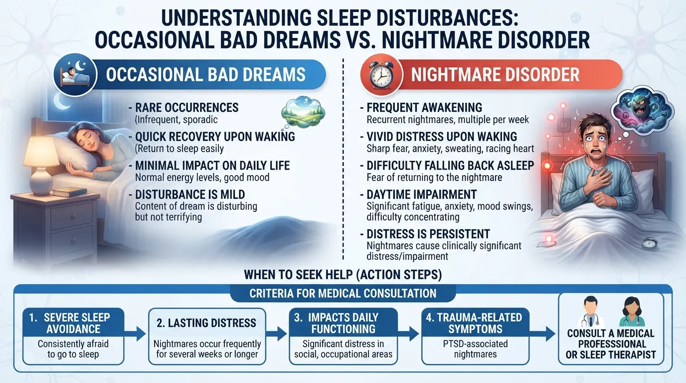 An infographic detailing the key signs of Nightmare Disorder, comparing typical bad dreams with chronic nightmares that cause daytime fatigue, emotional distress, and disrupted sleep.
