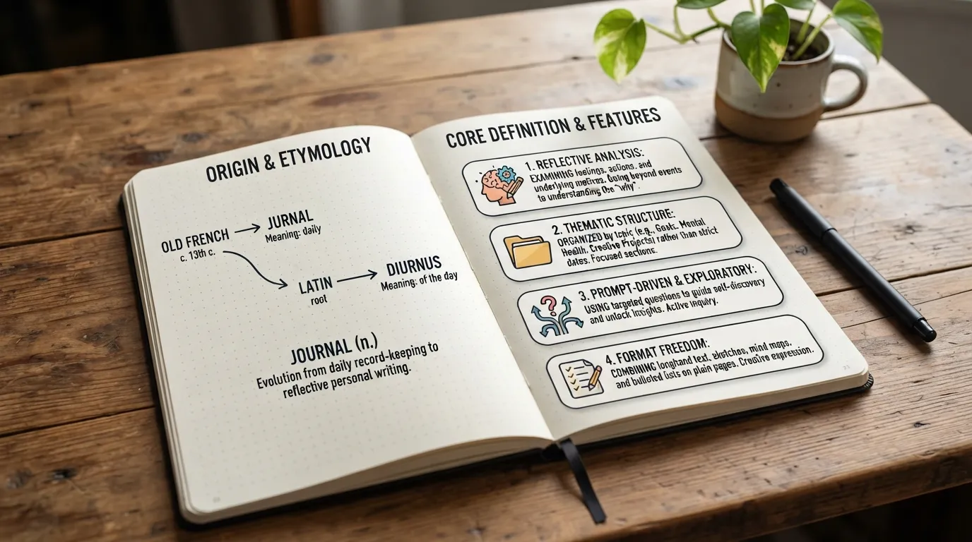 An open hand-bound journal displaying reflective writing alongside an infographic layout explaining the definition, Old French etymology, and core features of journaling.