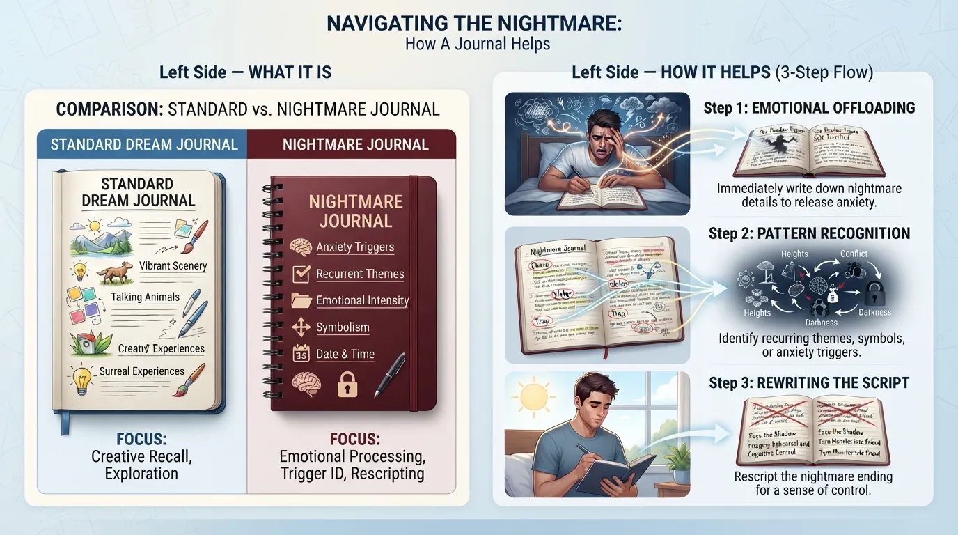 An infographic explaining what a dream journal for nightmares is and how writing down recurring bad dreams helps process emotions, ground the sleeper, and reduce nightmare frequency.