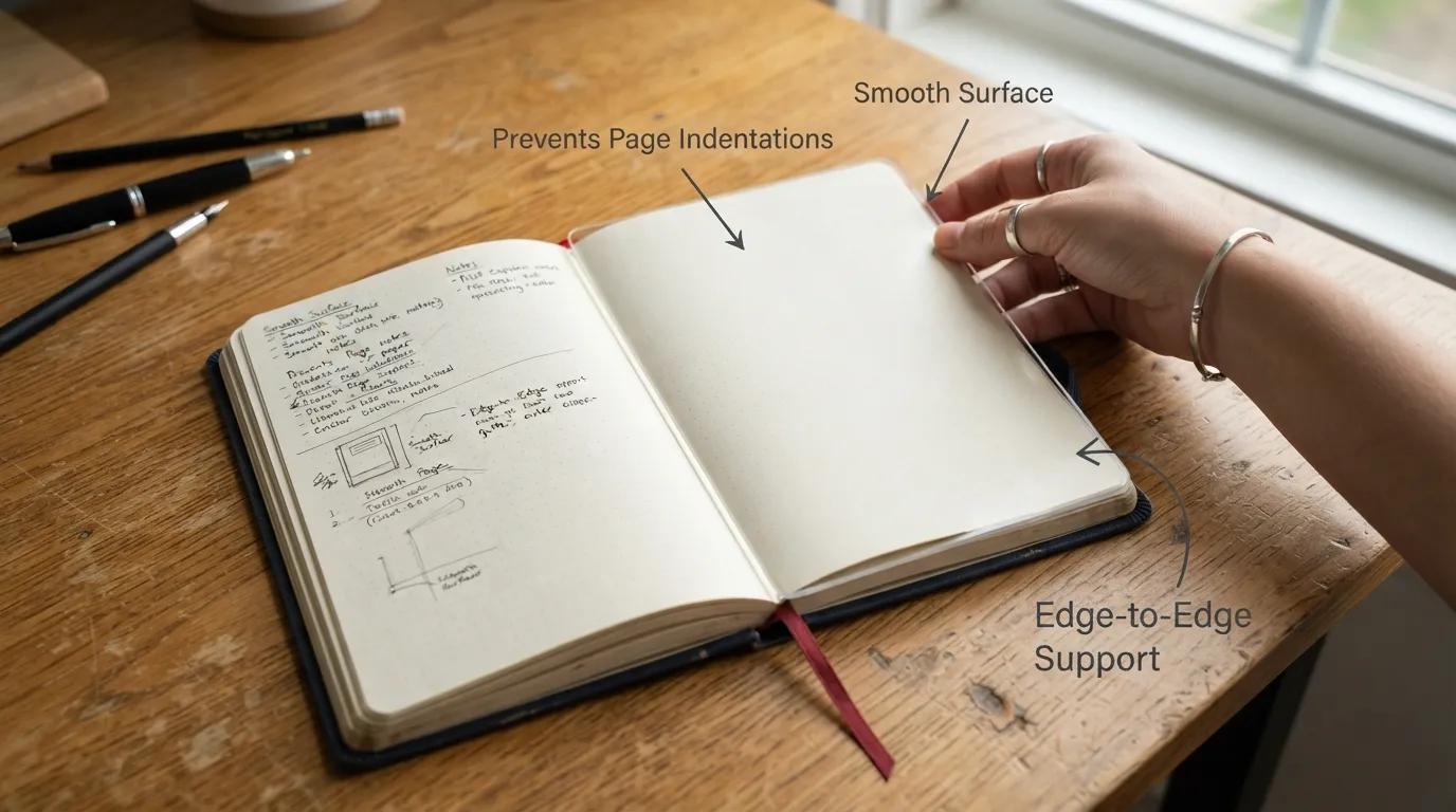 A hand slipping a firm protective writing board behind a journal page to create a smooth, flat writing surface.