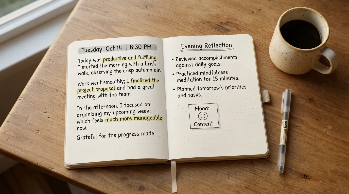 An open handwritten paper journal on a wooden desk showing a realistic daily entry with date header, short paragraphs, and highlighted notes next to a cup of coffee.