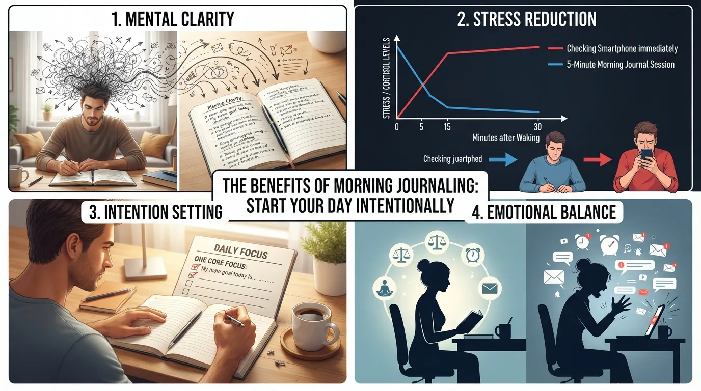 Infographic illustrating the four main benefits of morning journaling: mental clarity, reduced stress, intention setting, and emotional balance.
