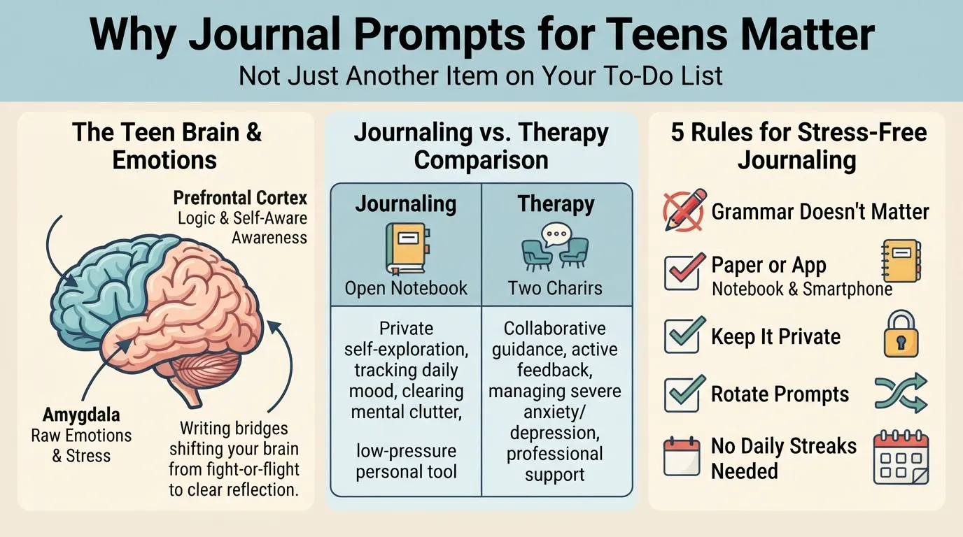 A clean visual diagram explaining why journal prompts matter for teens, showing brain benefits, the difference between journaling and therapy, and simple tips to keep the habit going.