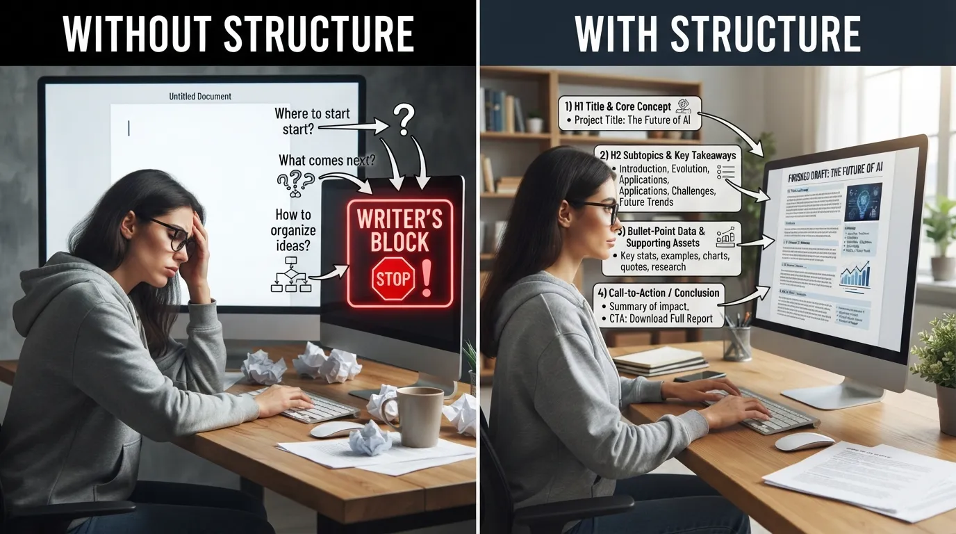 A step-by-step flowchart comparing unstructured writing leading to a blank page against a structured outline leading to fast content creation.