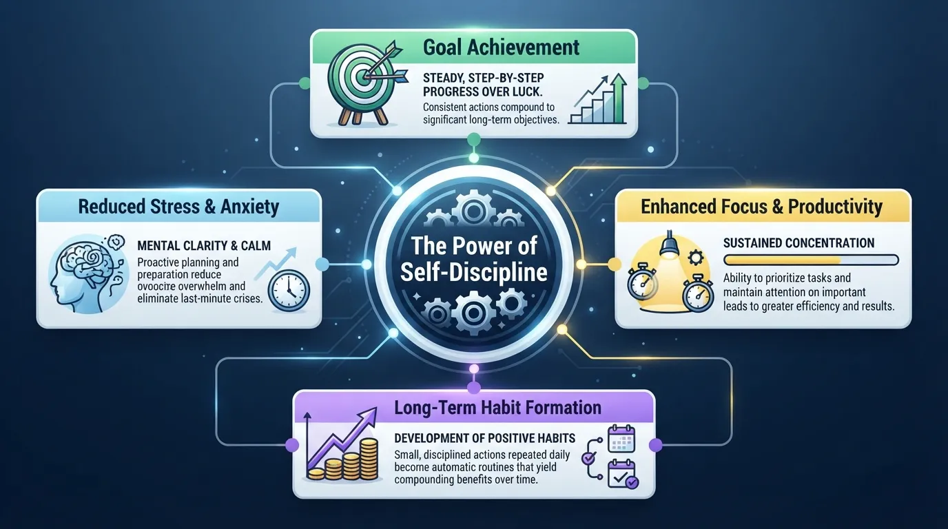 Infographic illustrating key benefits of self-discipline including goal achievement, reduced stress, improved focus, and long-term habits.
