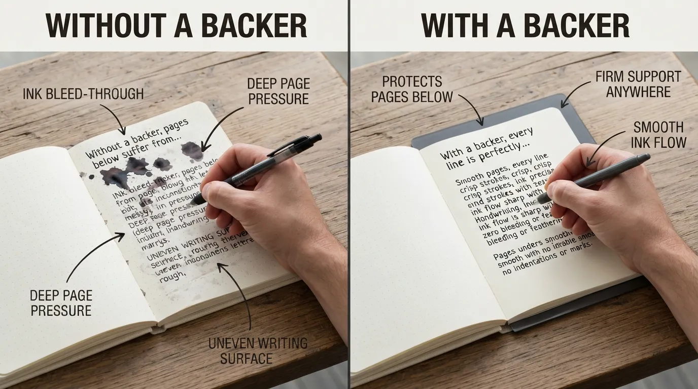 A split-screen comparison showing a journal page without a backing board showing ink bleed and uneven writing, next to a page with a journal backer showing clean lines and smooth handwriting.