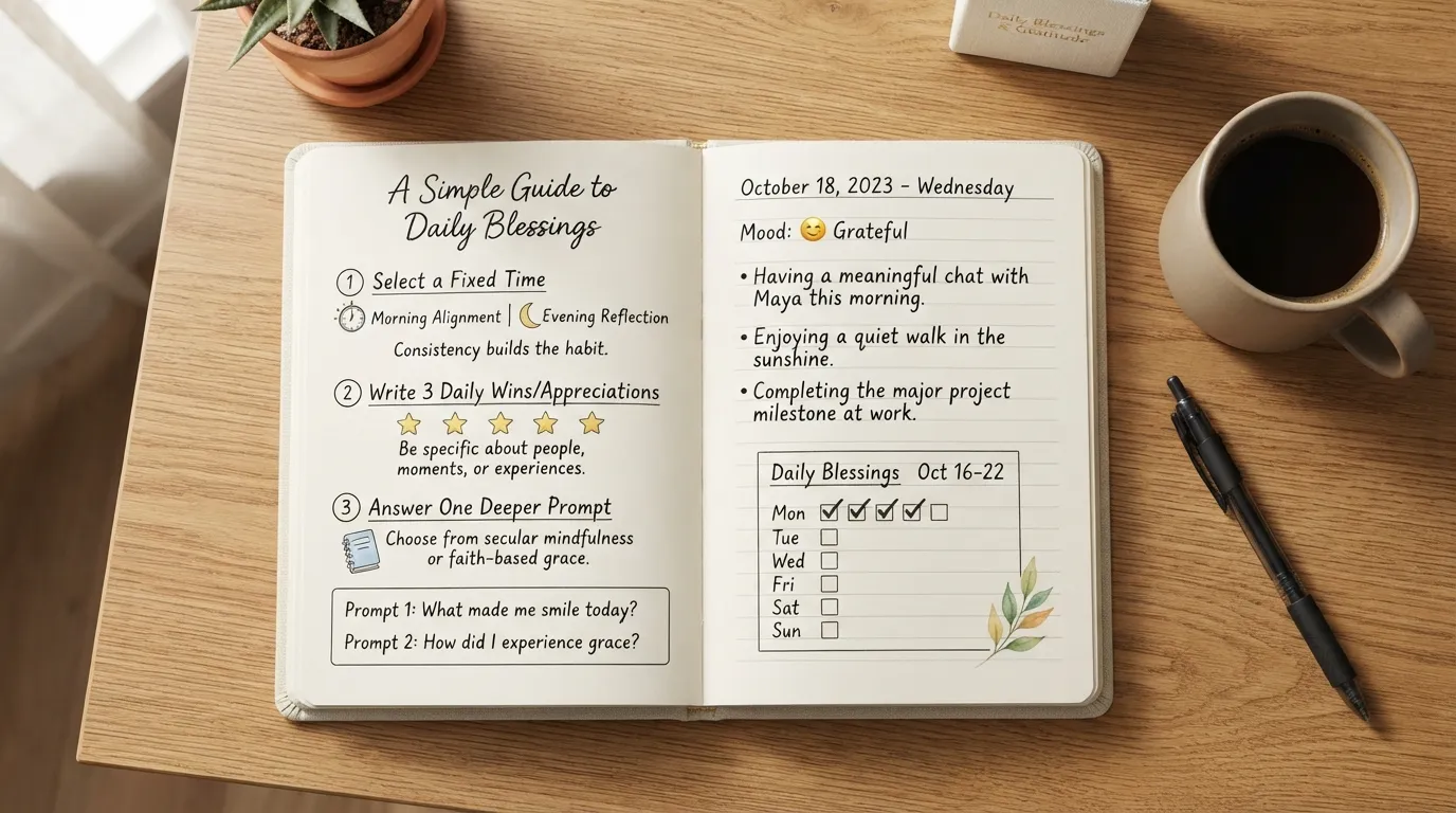 An open handwritten blessings journal on a wooden desk displaying structured daily gratitude prompts, habit tracking check-ins, and three bulleted daily reflections next to a pen.