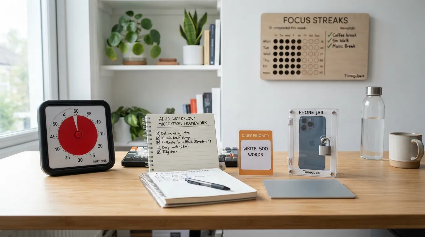 A person with ADHD organizing a daily schedule using visual color-coded timers, micro-task checklists, and a clean desk environment to build consistent habits.