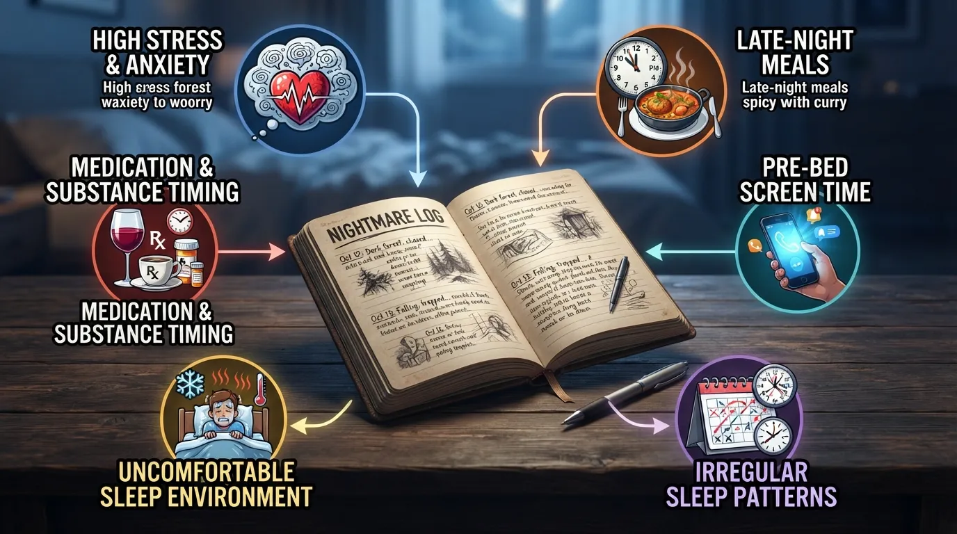 An infographic diagram showing a dream journal surrounded by six common nightmare triggers, including stress, late-night meals, blue light screens, irregular sleep schedules, room temperature, and medication.