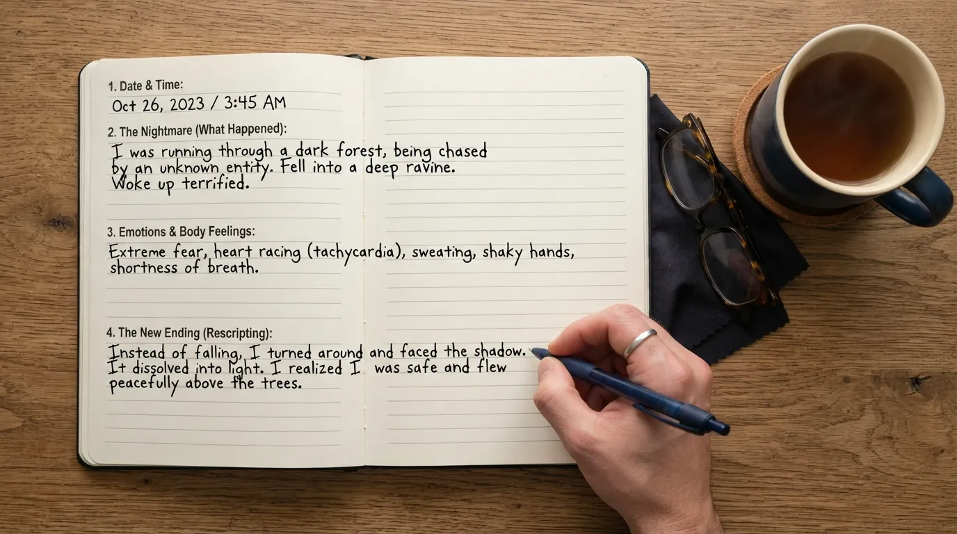 A clean, hand-written dream journal open on a wooden table, showing a structured copy-paste nightmare template with labeled fill-in-the-blank sections for time, nightmare details, emotional triggers, and an alternative safe ending.