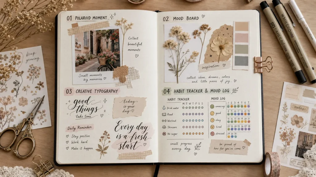 A aesthetic flat lay of an open journal with pressed flowers, polaroid photos, handwritten calligraphy, and colorful swatch tapes on a wooden desk.