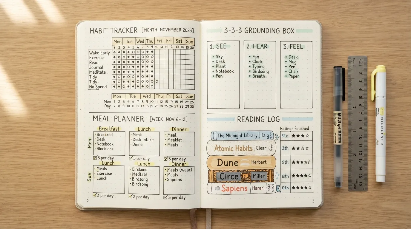 A flat lay photo of an open A5 dotted journal showcasing a multi-grid spread with habit trackers, mood logs, meal plans, and creative bullet journal ideas on thick white dot grid paper.