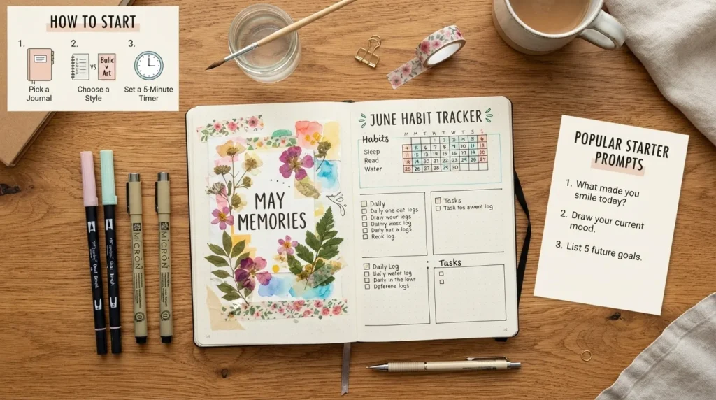 An open creative journal on a wooden desk surrounded by watercolor paints, colorful pens, bullet journal layout examples, and daily prompt lists.