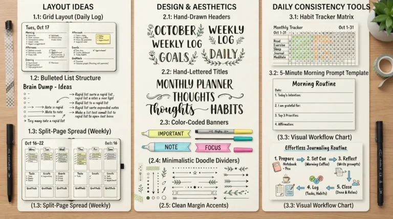 A detailed infographic and showcase of creative journal page layouts, design elements like headers and doodles, and a habit tracker grid for daily consistency.