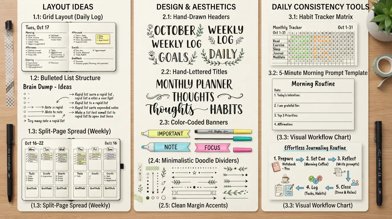 A detailed infographic and showcase of creative journal page layouts, design elements like headers and doodles, and a habit tracker grid for daily consistency.