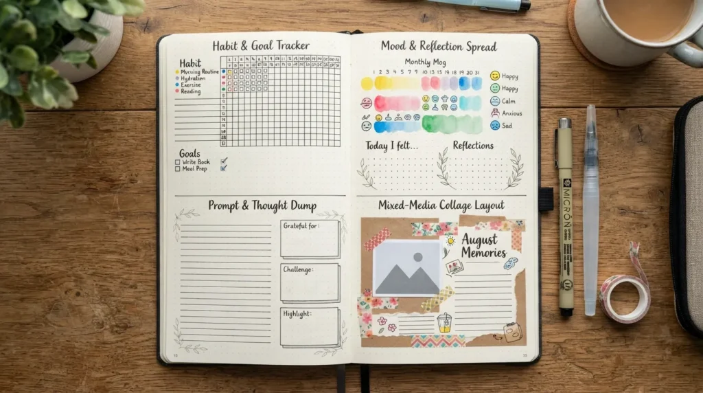 A side-by-side display of creative journal page layouts including a weekly goal tracker, daily mood log, and a collage prompt layout with hand-drawn elements and stickers.