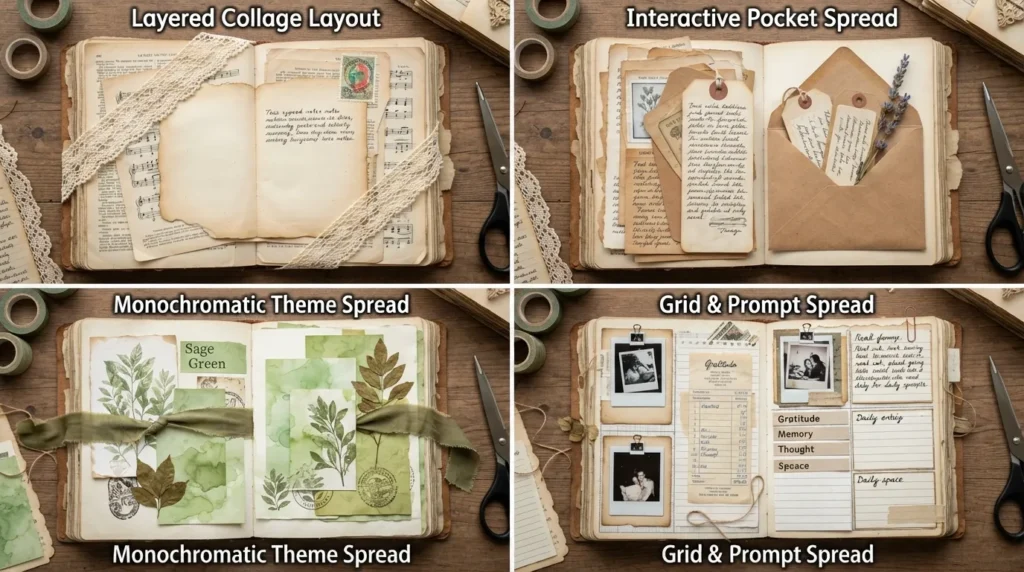 Explore popular junk journal spread layouts: layered mixed-media, interactive flap pockets, color-themed collage designs, and minimal journaling spaces.