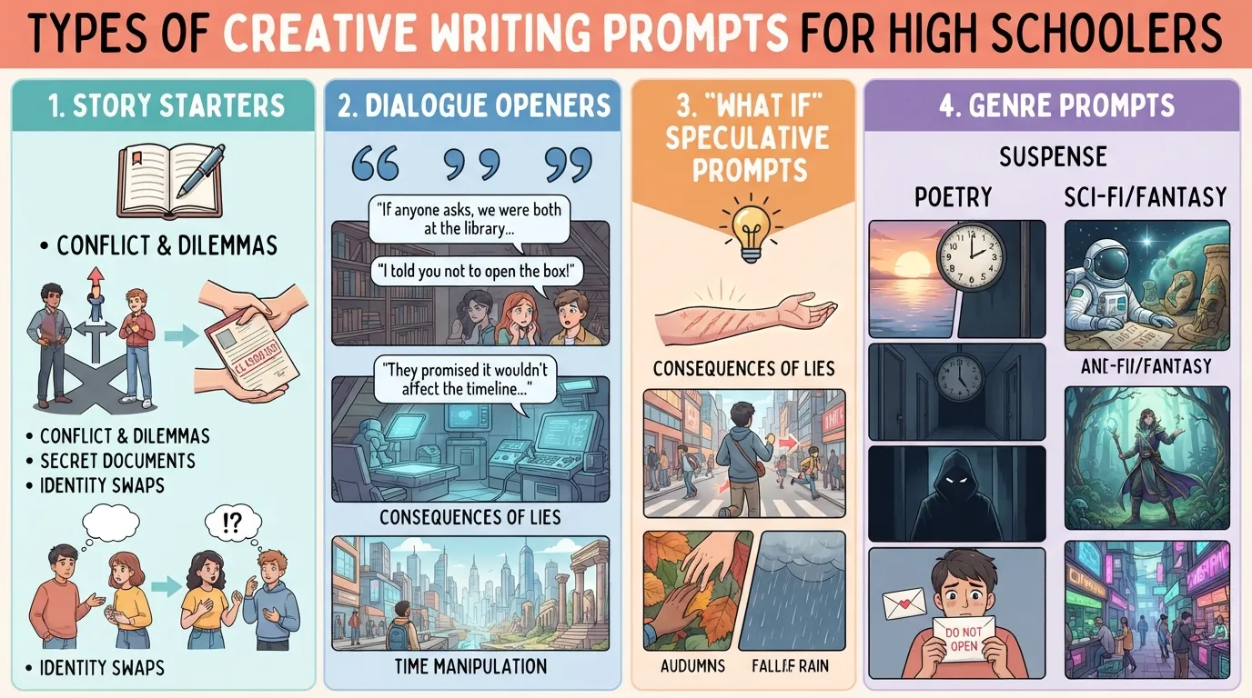 An organized infographic displaying different categories of creative writing prompts for high school students, including story starters, dialogue openings, speculative 'what if' scenarios, and suspense hooks.