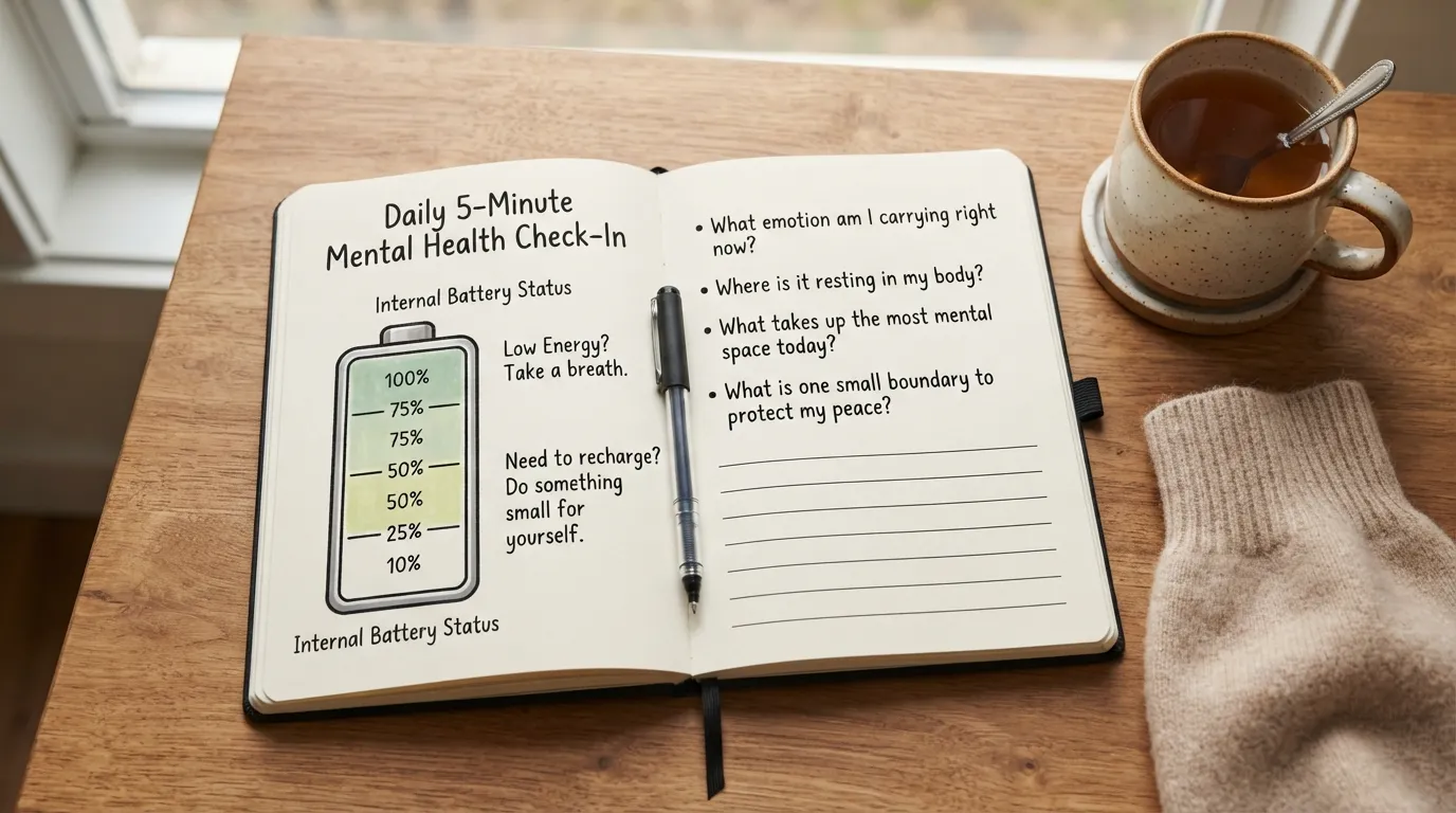 A cozy workspace featuring an open notebook labeled Daily Mental Health Check-in Prompts with a pen, a warm cup of tea, and simple 5-minute reflection questions written on the page.