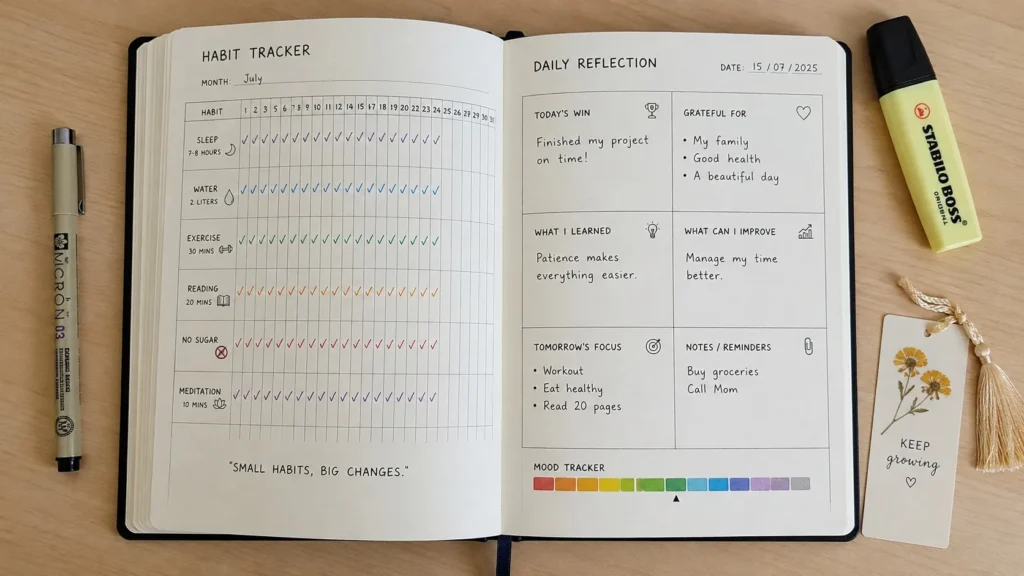 A bullet journal page displaying a monthly habit tracking grid alongside daily reflection prompts and a mood tracker.